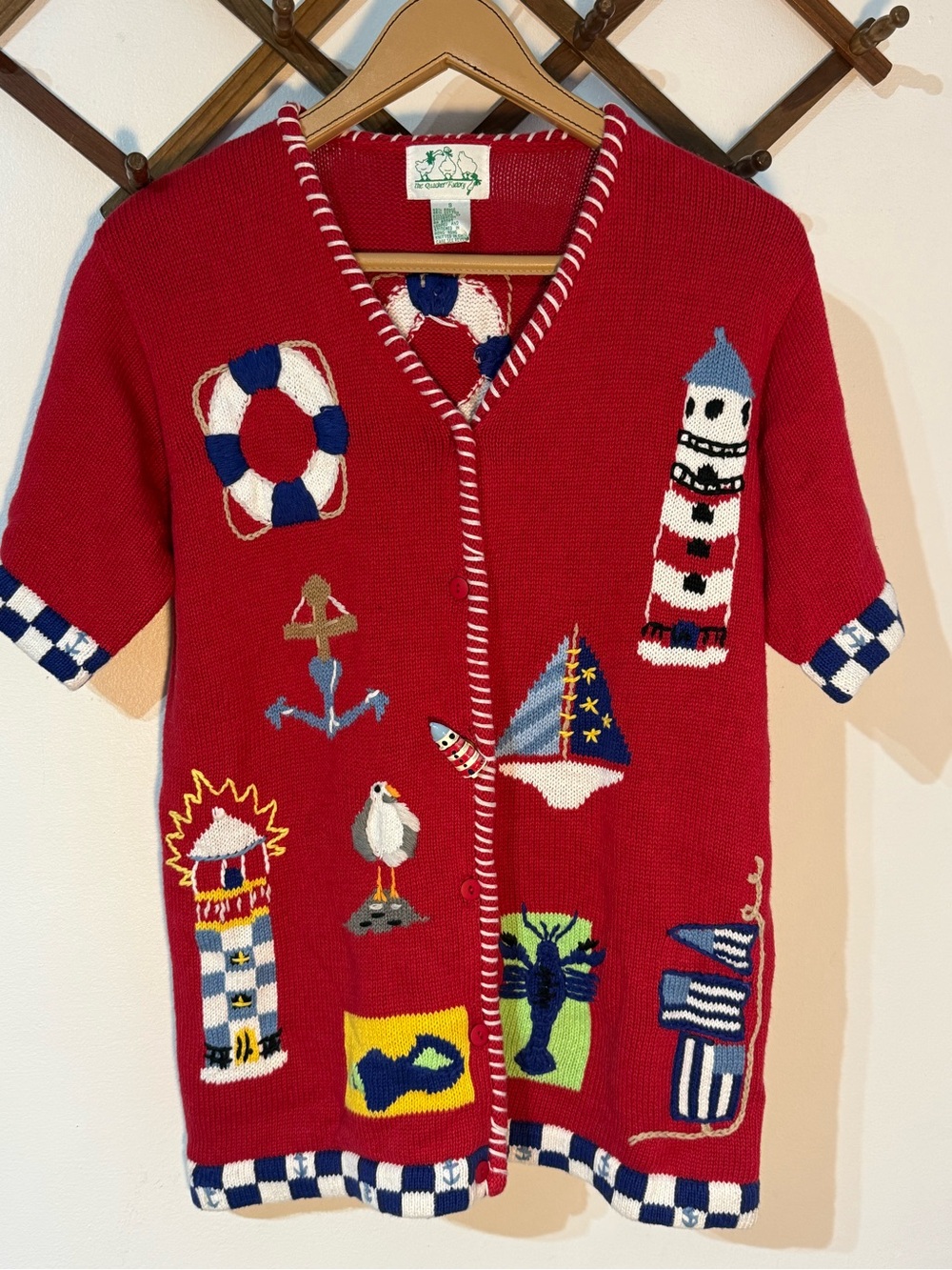 The Quaker Factory VTG Cottage Core Nautical Sweater Cardigan Embroidered Red